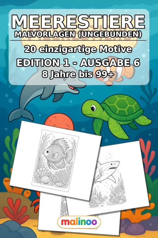 Meerestiere Malbuch 20 Ausmalbilder gedruckt+lose – Cover