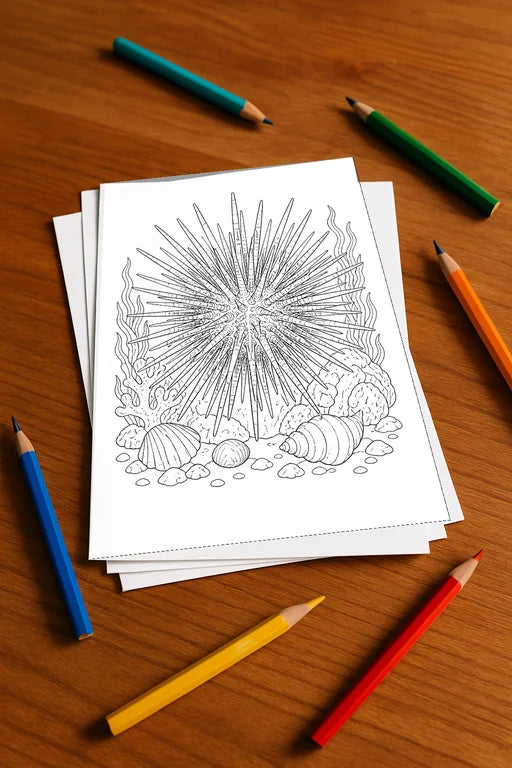 Meerestiere Malbuch 20 Ausmalbilder gedruckt+lose – Mockup-Ansicht