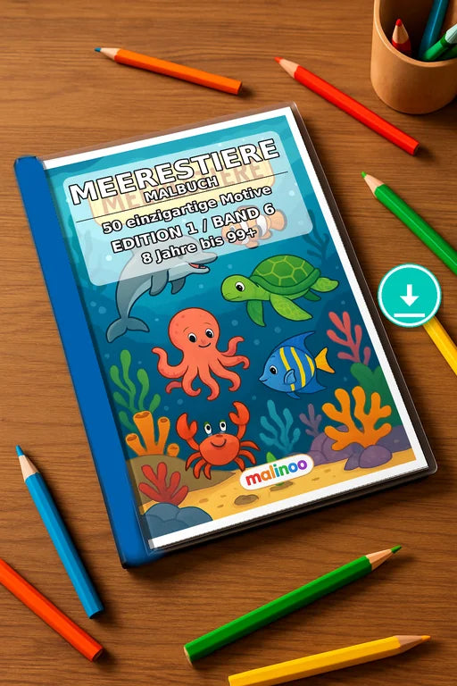 Meerestiere Malbuch 50 Ausmalbilder PDF Download – Mockup-Ansicht