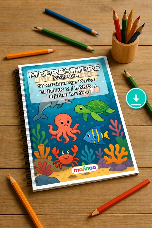 Meerestiere Malbuch 50 Ausmalbilder PDF Download digital – Mockup-Ansicht
