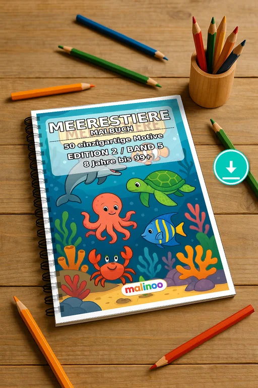 Meerestiere Malbuch 50 Ausmalbilder PDF Download digital – Mockup-Ansicht