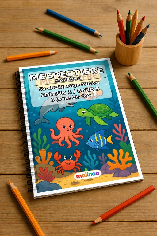 Meerestiere Malbuch 50 Ausmalbilder gedruckt und gebunden – Mockup-Ansicht