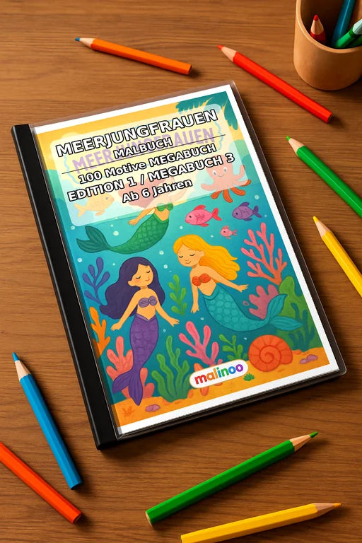 Meerjungfrauen Malbuch 100 Ausmalbilder gedruckt+gebunden – Mockup-Ansicht