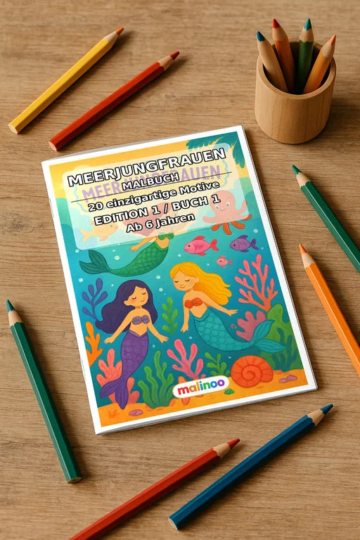 Meerjungfrauen Malbuch 20 Ausmalbilder gedruckt+gebunden – Mockup-Ansicht