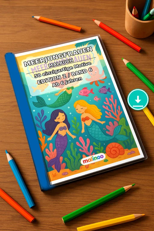 Meerjungfrauen Malbuch 50 Ausmalbilder PDF Download – Mockup-Ansicht