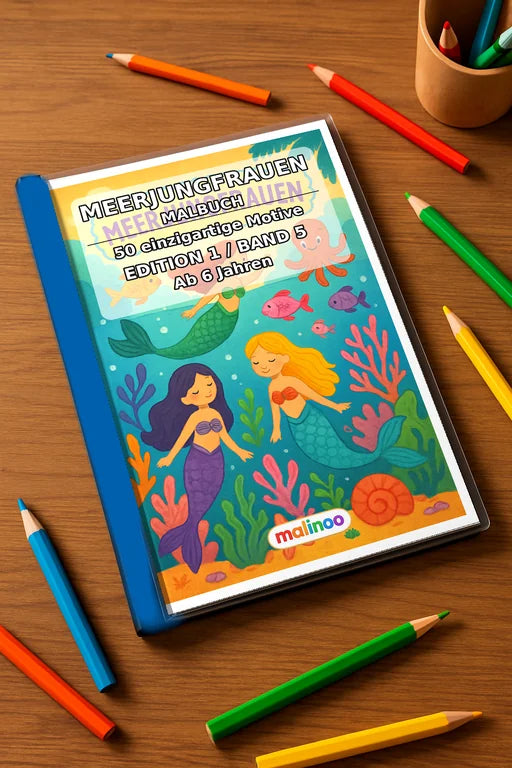 Meerjungfrauen Malbuch 50 Ausmalbilder gedruckt+gebunden – Mockup-Ansicht