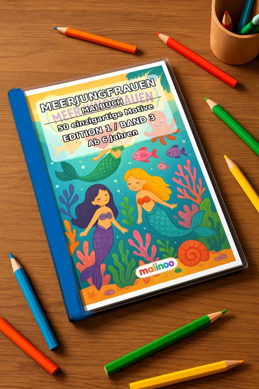 Meerjungfrauen Malbuch 50 Ausmalbilder gedruckt+gebunden – Mockup-Ansicht