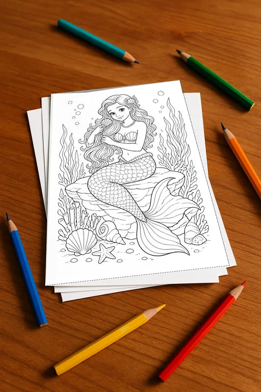 Meerjungfrauen Malbuch 50 Ausmalbilder gedruckt+lose – Mockup-Ansicht