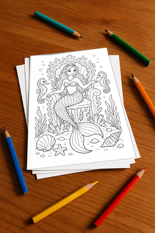 Meerjungfrauen Malbuch 50 Ausmalbilder gedruckt+lose – Mockup-Ansicht