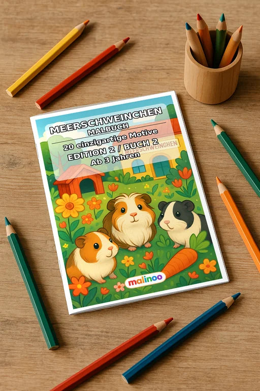 Meerschweinchen Malbuch 20 Ausmalbilder gedruckt+gebunden – Mockup-Ansicht