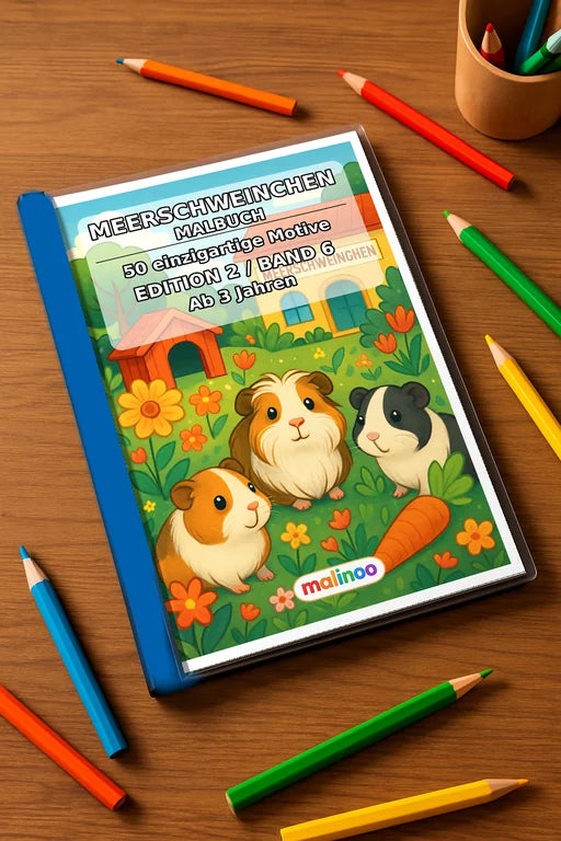 Meerschweinchen Malbuch 50 Ausmalbilder gedruckt+gebunden – Mockup-Ansicht