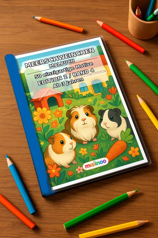 Meerschweinchen Malbuch 50 Ausmalbilder gedruckt+gebunden – Mockup-Ansicht