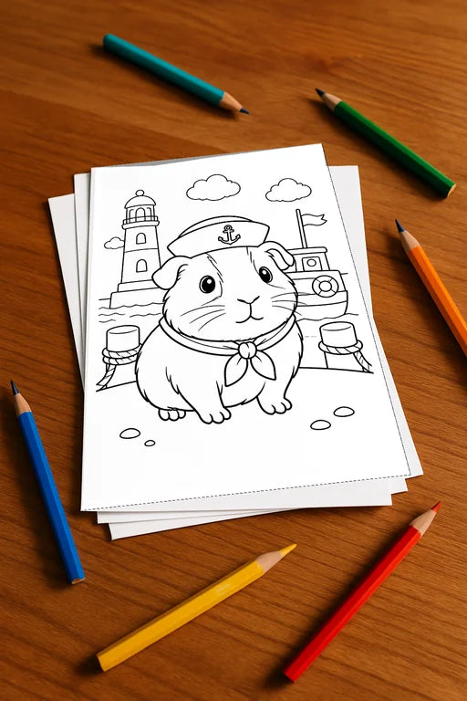 Meerschweinchen Malbuch 50 Ausmalbilder gedruckt, ungebunden – Mockup-Ansicht