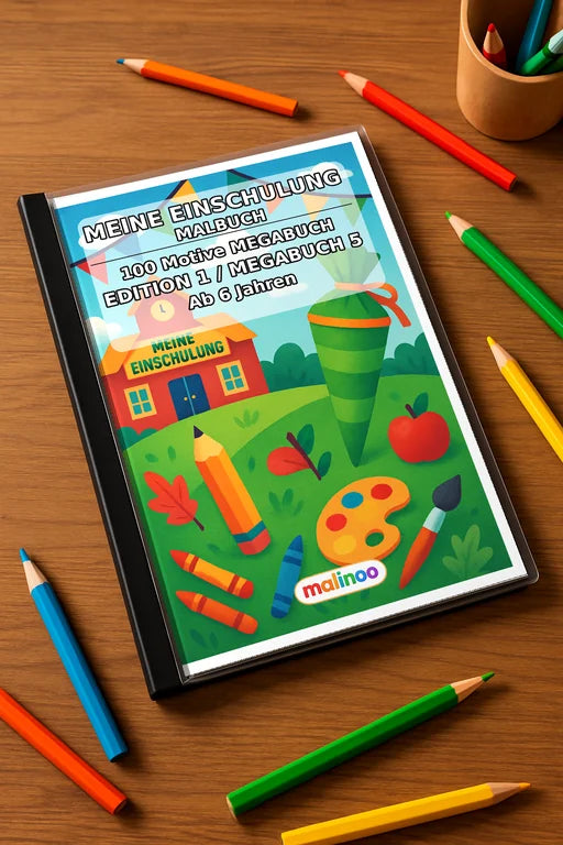 Meine Einschulung Malbuch 100 Ausmalbilder gedruckt+gebunden – Mockup-Ansicht