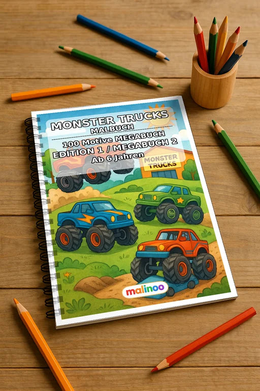 Monster Trucks Malbuch 100 Ausmalbilder gedruckt und gebunden – Mockup-Ansicht