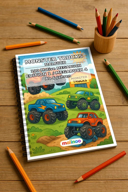 Monster Trucks Malbuch 100 Ausmalbilder gedruckt und gebunden – Mockup-Ansicht
