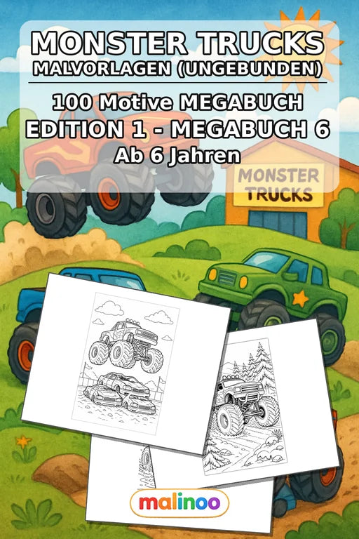 Monster Trucks Malbuch 100 Ausmalbilder gedruckt+lose – Cover