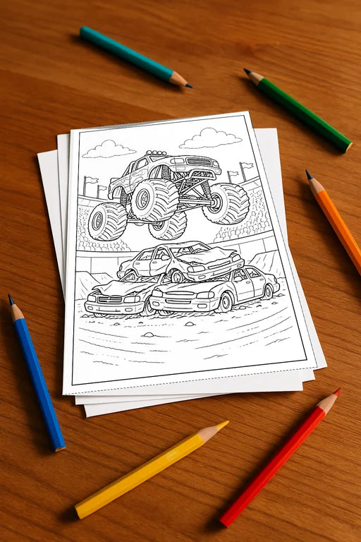 Monster Trucks Malbuch 100 Ausmalbilder gedruckt+lose – Mockup-Ansicht