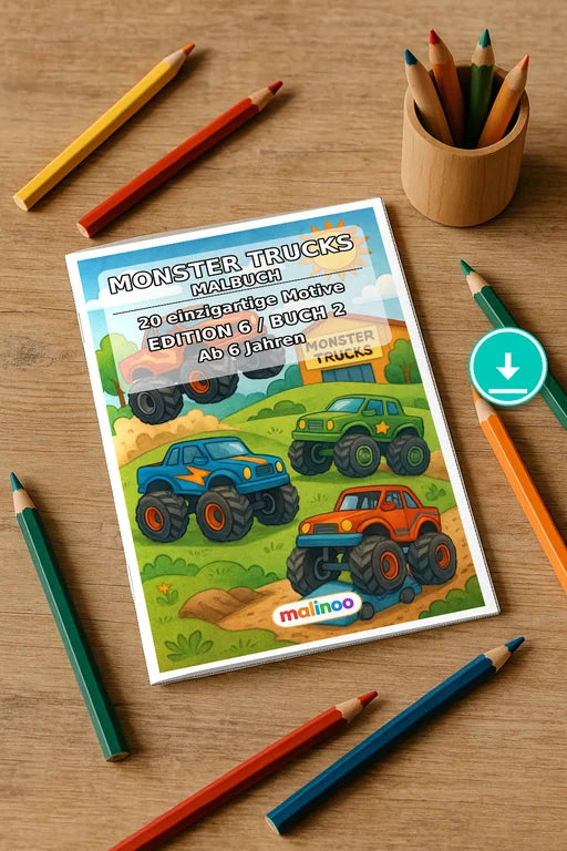 Monster Trucks Malbuch 20 Ausmalbilder PDF Download – Mockup-Ansicht