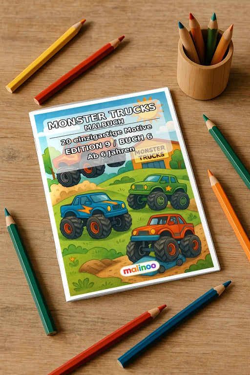 Monster Trucks Malbuch 20 Ausmalbilder gedruckt+gebunden – Mockup-Ansicht
