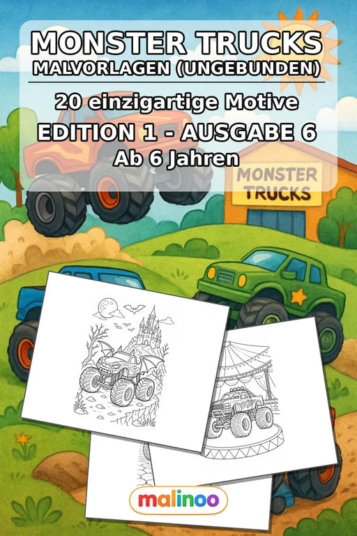 Monster Trucks Malbuch 20 Ausmalbilder gedruckt+lose – Cover