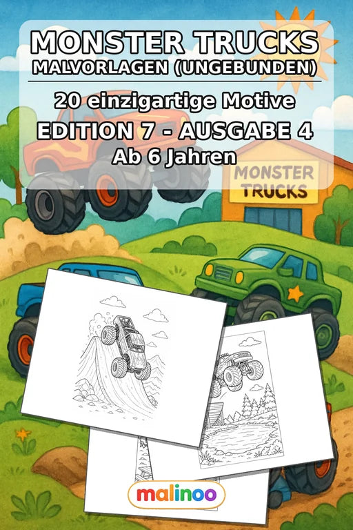 Monster Trucks Malbuch 20 Ausmalbilder gedruckt+lose – Cover