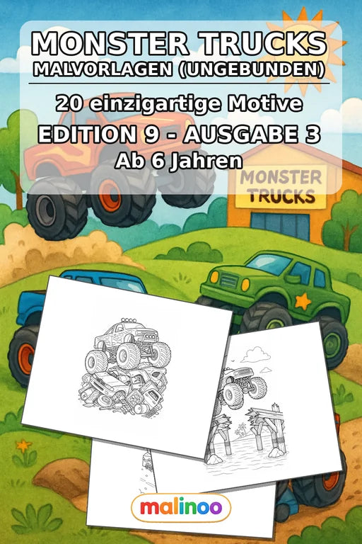 Monster Trucks Malbuch 20 Ausmalbilder gedruckt+lose – Cover