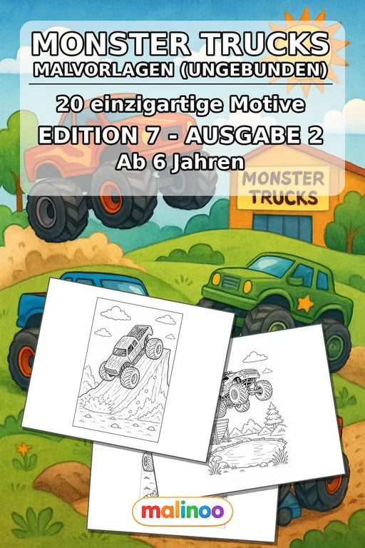 Monster Trucks Malbuch 20 Ausmalbilder gedruckt+lose – Cover