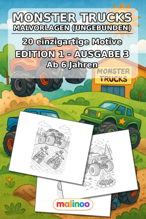 Monster Trucks Malbuch 20 Ausmalbilder gedruckt+lose – Cover