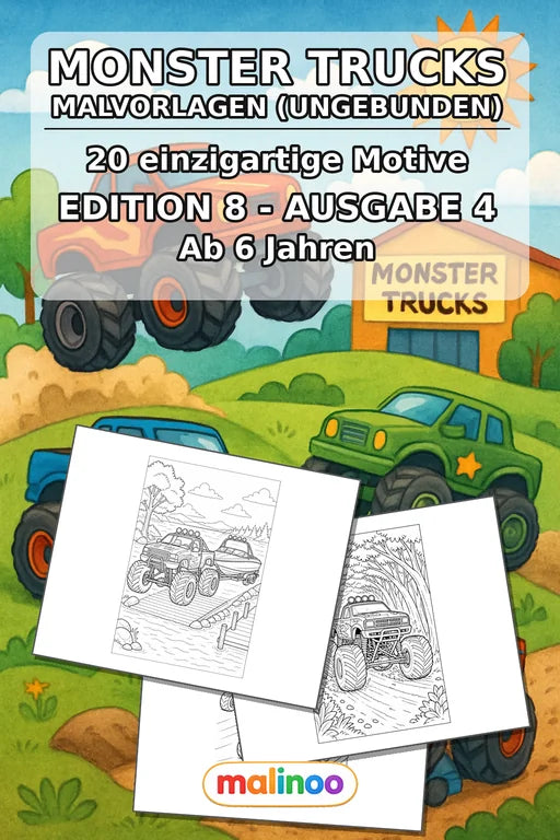 Monster Trucks Malbuch 20 Ausmalbilder gedruckt+lose – Cover