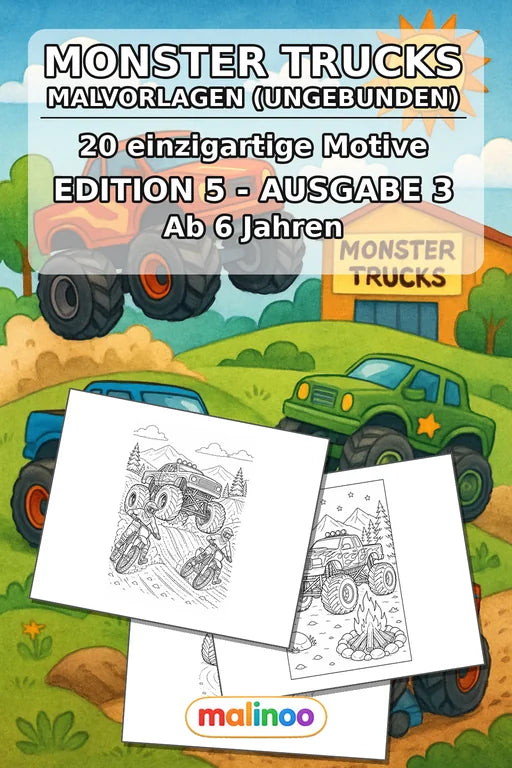 Monster Trucks Malbuch 20 Ausmalbilder gedruckt+lose – Cover