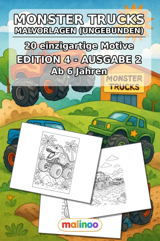 Monster Trucks Malbuch 20 Ausmalbilder gedruckt+lose – Cover