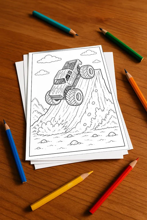 Monster Trucks Malbuch 20 Ausmalbilder gedruckt+lose – Mockup-Ansicht