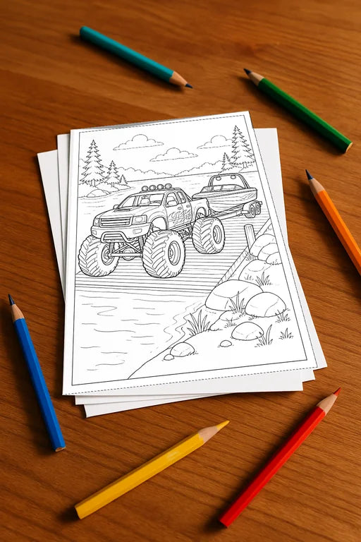 Monster Trucks Malbuch 20 Ausmalbilder gedruckt+lose – Mockup-Ansicht