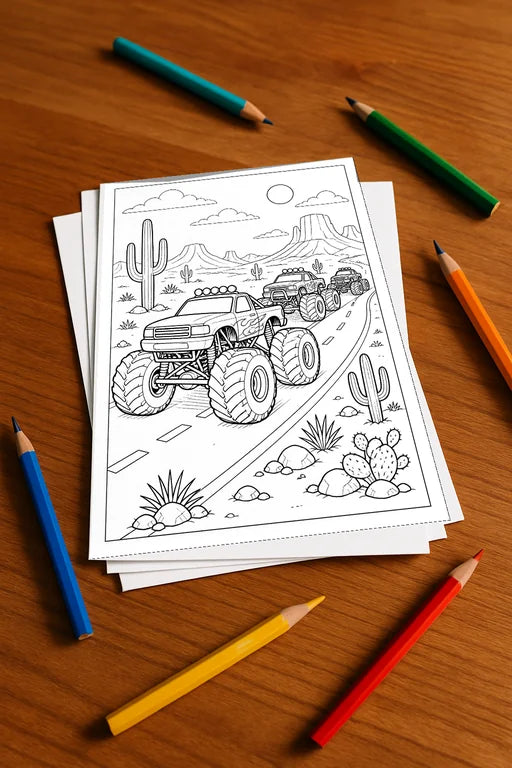 Monster Trucks Malbuch 20 Ausmalbilder gedruckt+lose – Mockup-Ansicht