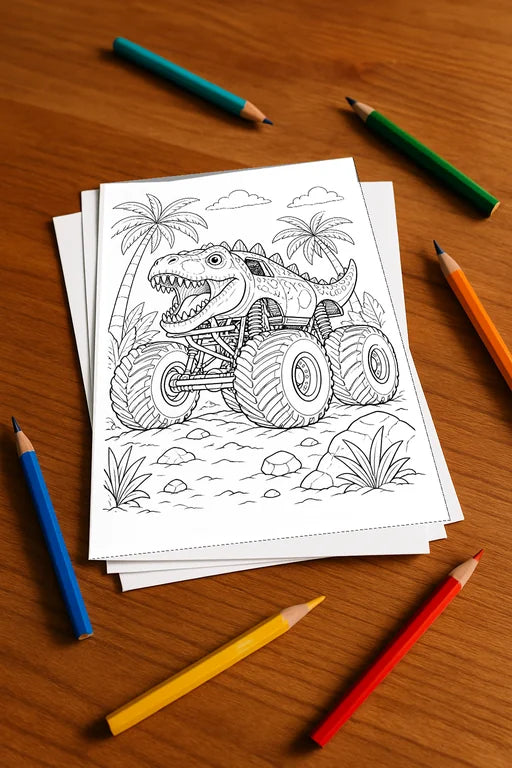 Monster Trucks Malbuch 20 Ausmalbilder gedruckt+lose – Mockup-Ansicht