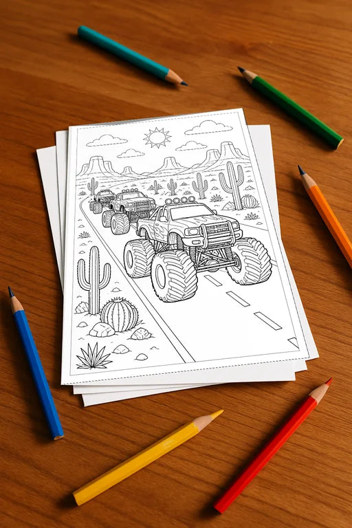 Monster Trucks Malbuch 20 Ausmalbilder gedruckt, ungebunden – Mockup-Ansicht