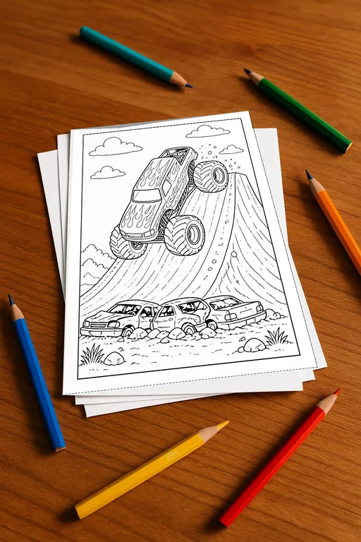 Monster Trucks Malbuch 20 Ausmalbilder gedruckt, ungebunden – Mockup-Ansicht