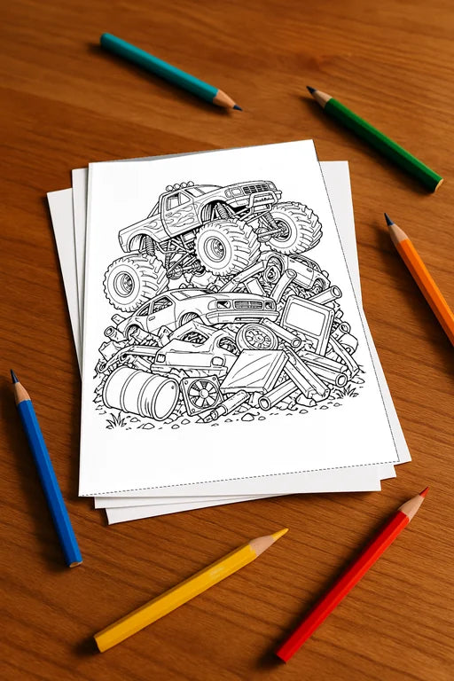 Monster Trucks Malbuch 20 Ausmalbilder gedruckt, ungebunden – Mockup-Ansicht
