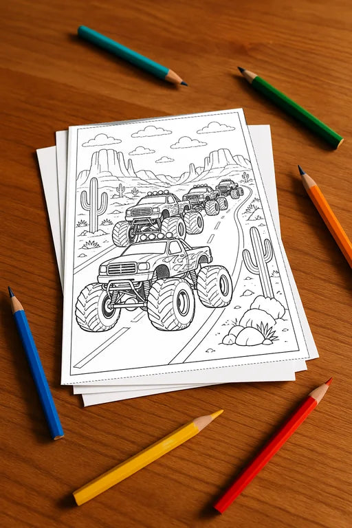 Monster Trucks Malbuch 20 Ausmalbilder gedruckt+lose – Mockup-Ansicht