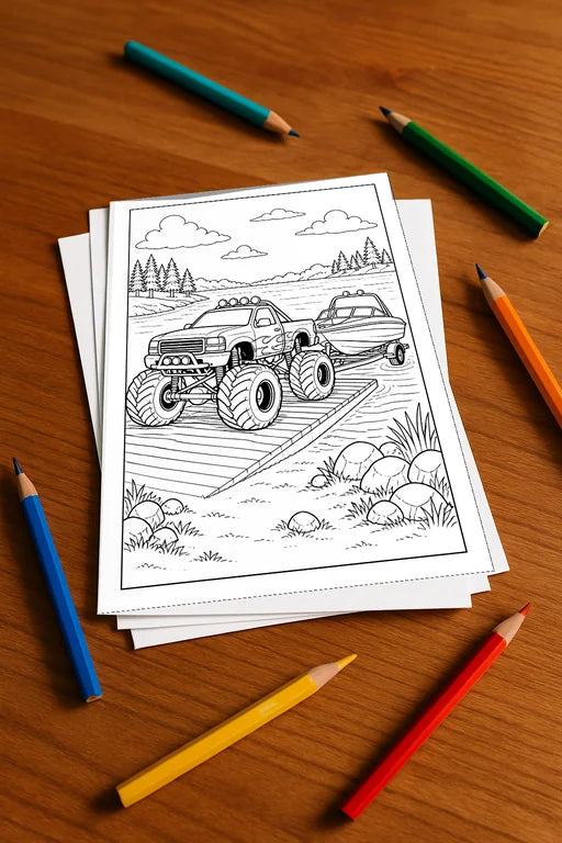 Monster Trucks Malbuch 20 Ausmalbilder gedruckt+lose – Mockup-Ansicht