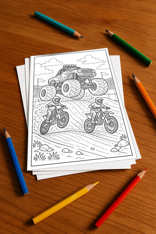 Monster Trucks Malbuch 20 Ausmalbilder gedruckt+lose – Mockup-Ansicht