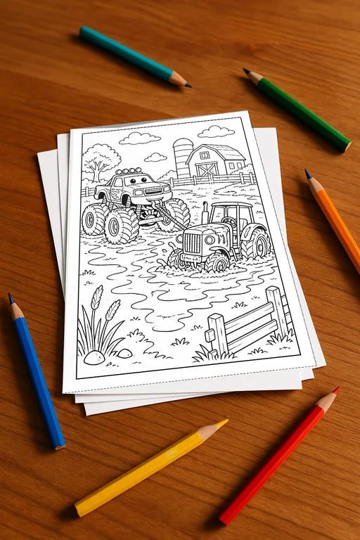 Monster Trucks Malbuch 20 Ausmalbilder gedruckt+lose – Mockup-Ansicht