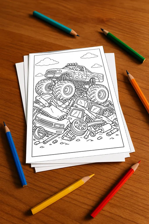 Monster Trucks Malbuch 20 Ausmalbilder gedruckt+lose – Mockup-Ansicht