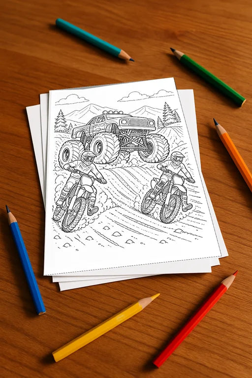 Monster Trucks Malbuch 20 Ausmalbilder gedruckt, ungebunden – Mockup-Ansicht