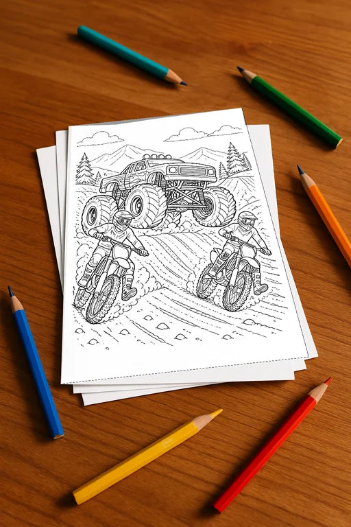 Monster Trucks Malbuch 20 Ausmalbilder gedruckt+lose – Mockup-Ansicht