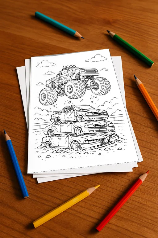 Monster Trucks Malbuch 20 Ausmalbilder gedruckt+lose – Mockup-Ansicht