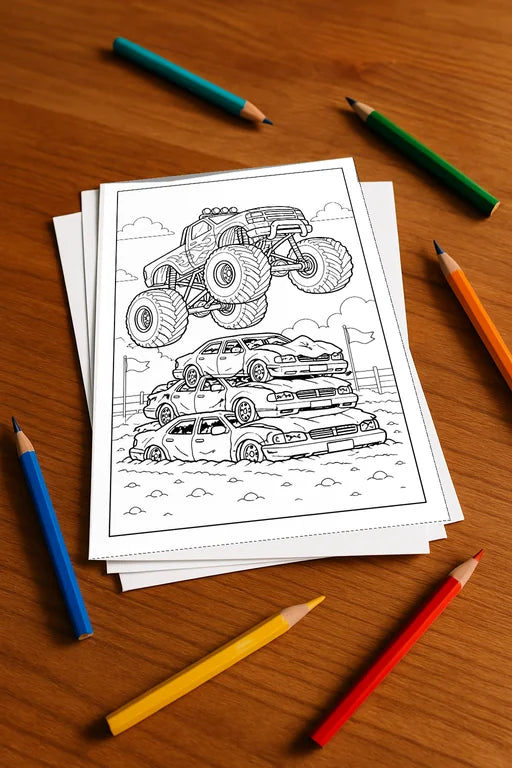 Monster Trucks Malbuch 20 Ausmalbilder gedruckt+lose – Mockup-Ansicht