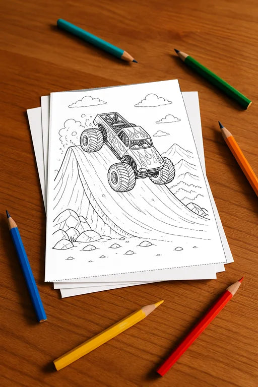 Monster Trucks Malbuch 20 Ausmalbilder gedruckt, ungebunden – Mockup-Ansicht