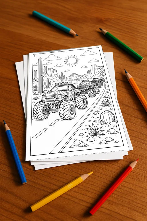 Monster Trucks Malbuch 20 Ausmalbilder gedruckt+lose – Mockup-Ansicht